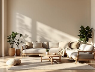 Poster - cozy living room with a beige sofa, wooden table, and potted plant. The room is decorated with neutral colors and natural elements, creating a warm and inviting atmosphere.