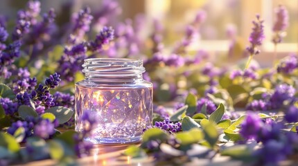 Poster -  jar placed on top of lavender flowers, with a glowing, sparkling effect on the jar. The background is blurred, emphasizing the jar and flowers.