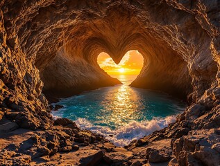 Poster - heart-shaped cave with a stunning sunset visible through it, casting a warm glow over the surrounding ocean.