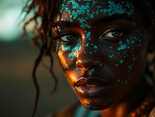 Poster - A person with light blue sparkles on their face and hair is shown in a close-up, with a strong light source highlighting their features.