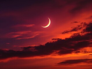 Poster - crescent moon in a dark, fiery red and orange sunset sky, with clouds that are slightly illuminated. The overall mood is dramatic and serene.