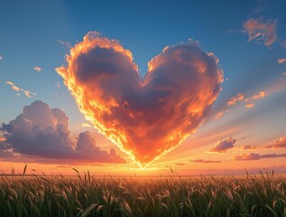 Poster - a heart-shaped cloud formation in the sky during sunset or sunrise, with a field of grass in the foreground.