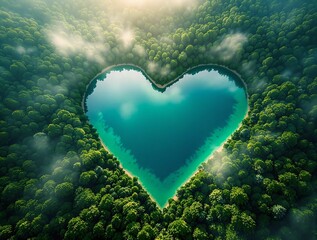 Poster - an aerial view of a heart-shaped pond surrounded by lush green forests, creating a serene and natural landscape.