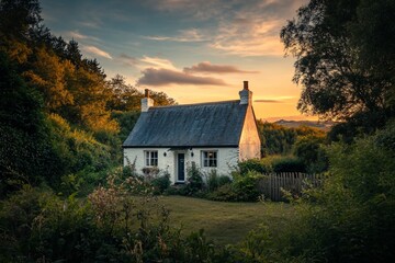 Poster - Secluded white cottage at sunset, nestled amongst lush greenery.