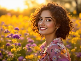 Fototapete - woman with curly hair standing in a field of flowers, smiling at the camera. The sun is setting in the background, casting a warm glow over the scene.