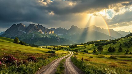Aufkleber - stunning landscape with a dirt road leading towards a mountain range. The sky is filled with dramatic clouds, and the sun is shining through, creating a beautiful light effect.