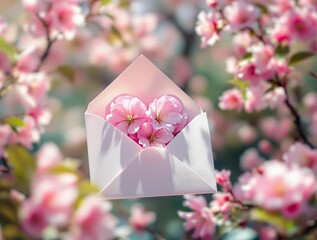 Aufkleber - white envelope with a pink flower inside, placed on a background with pink cherry blossoms.