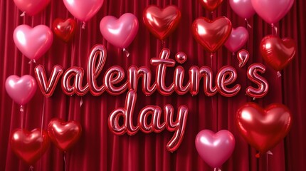 Poster -  festive red background adorned with an array of heart-shaped balloons, creating a celebratory atmosphere. The word \