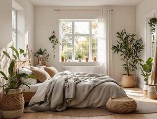 Poster - cozy bedroom with a large window letting in natural light, surrounded by various potted plants and a bed with a gray blanket.