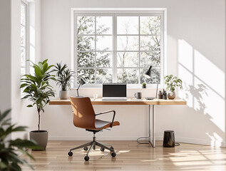 Poster - modern home office setup with a wooden desk, brown leather chair, and a large window with a view of a snowy landscape outside. There are also potted plants and a coffee cup on the desk, adding a touch