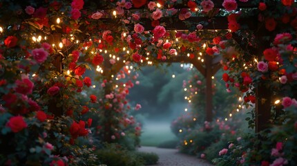 Poster - lush garden with a pathway surrounded by vibrant red roses illuminated by string lights hanging from overhead structures.