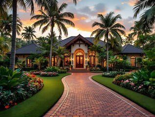 Poster - A grand estate, bathed in the golden hues of sunset. Lush landscaping and a meticulously maintained driveway lead to a stunning home.