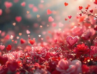 Aufkleber - vibrant and colorful depiction of a field of pink roses with floating hearts and sparkling lights, evoking a whimsical and romantic atmosphere.