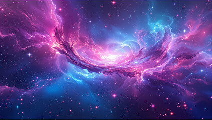 Poster - vibrant depiction of a cosmic scene, featuring swirling nebulae in shades of purple and blue, with stars scattered throughout the vast expanse of space.