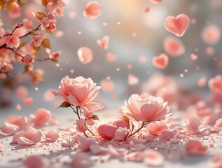 Poster - romantic scene with pink roses and falling heart-shaped petals, creating a serene and loving atmosphere. The background is softly blurred, emphasizing the beauty of the flowers and petals.
