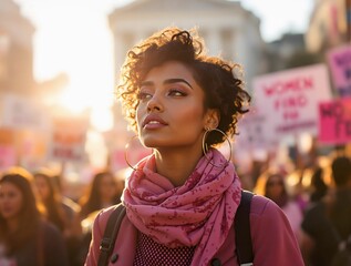 Aufkleber - woman standing in a crowd at a protest or gathering, wearing a pink scarf and carrying a pink bag. The background includes other people and signs, suggesting a public event or demonstration.