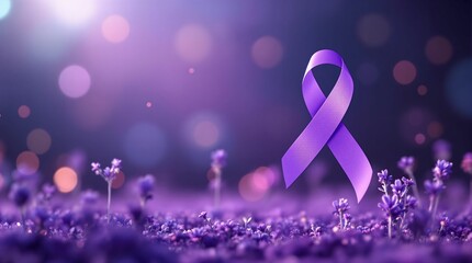 Poster - purple ribbon symbolizing awareness for a cause, placed on a purple background with blurred lights, and small purple flowers surrounding it.