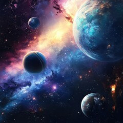 Wall Mural - a view of four planets in outer space with stars and nebulae