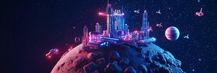 Wall Mural - futuristic city on a moon, with spaceships and planets in the background.