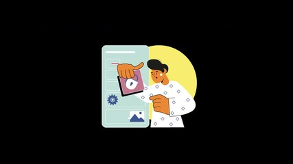 Poster - A man of Asian descent interacts with a digital device, showcasing a user interface design in a modern setting.