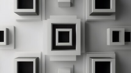 Abstract grayscale geometric pattern with nested squares and cubes.