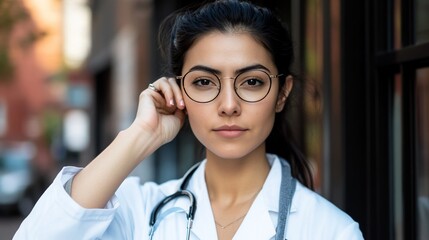 Confident female doctor adjusting glasses outdoors.