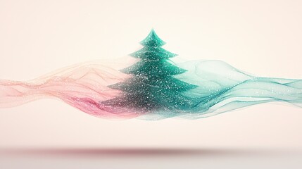   A green and pink Christmas tree stands tall against a pink and white backdrop, as a wave of smoke curls up from its base