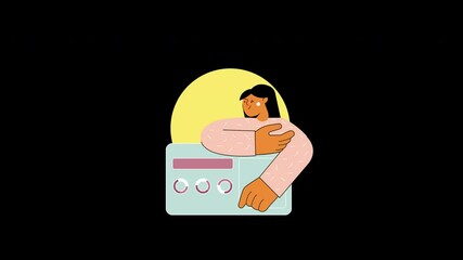Poster - A cartoon character with a light skin tone enjoys music next to an old-fashioned radio against a simple background.