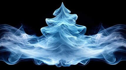 Poster -   Blue-white Christmas tree on black backdrop with smoke emanating from top