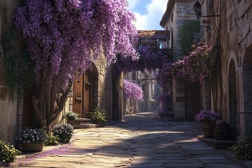 Poster - Sunlit cobblestone street lined with flowering wisteria vines and traditional stone buildings.