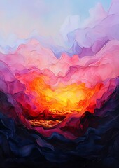 Sticker - Abstract vibrant sunset landscape painting with flowing colors and shapes.