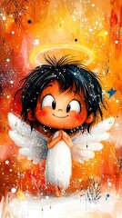 Wall Mural -   A painting of a girl in angel wings and halo, on an orange background