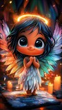  Little-girl portrait with winged angel, halo, and lit candle background