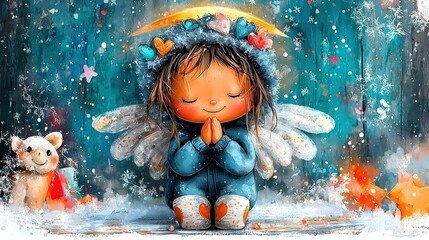 Wall Mural -   A little girl with angel wings and a  bear in snow Eyes closed