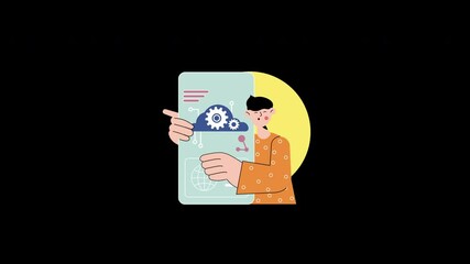Poster - A person illustrating technology concepts with a tablet, featuring gears and graphs in a flat design.