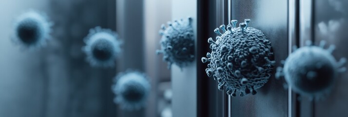 Poster - Close up view of microbes on surfaces like door handles and smartphones highlighting everyday contamination. Generative AI