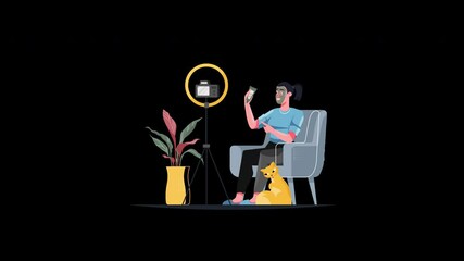 Poster - An Asian woman sitting in a chair holding a phone with a ring light and a dog nearby.