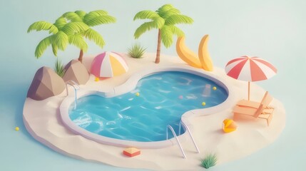 Wall Mural - Low-poly 3D rendering of a tropical pool scene with palm trees, umbrellas, and lounge chairs.