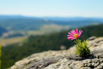 Canvas Print - A small pink flower is growing on a rock in the mountains. The flower is the only thing visible in the image, and it is surrounded by a rocky landscape. Concept of solitude and tranquility