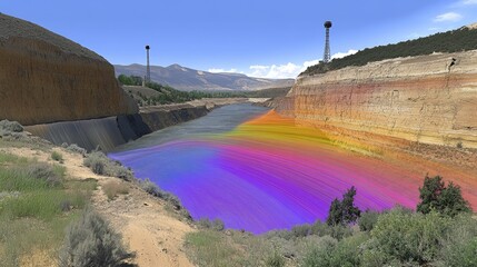 Wall Mural - Colorful River Flowing Through Canyon with Observation Towers in Background