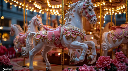 Elegant Carousel Horse with Pink Accents and Festive Lights