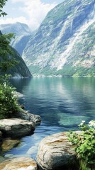 Wall Mural - Serene fjord landscape, Norway; calm water reflects mountains; background shows dramatic peaks.  Use travel brochure