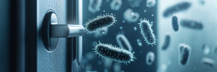 Aufkleber - Close up of microbes found on common surfaces like door handles and smartphones highlighting everyday contamination risks. Generative AI