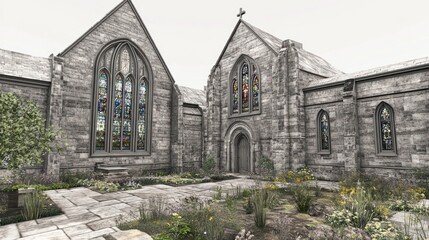 Wall Mural - Historic Stone Church Surrounded by Lush Garden with Beautiful Stained Glass Windows