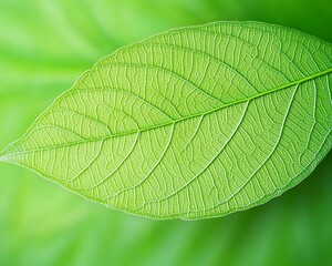 Wall Mural - Close-up of a vibrant green leaf showcasing intricate vein patterns against a blurred green background.