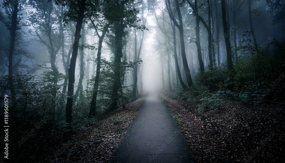 a dark and moody forest pathway is shrouded in an eerie mist creating ...