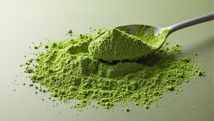 Vibrant emerald matcha powder with faint ridges softly glowing in diffused light