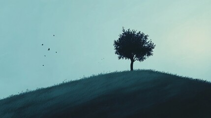 A solitary tree stands on a foggy hill with birds soaring around, evoking a sense of freedom, solitude and connection to nature in this tranquil scene.