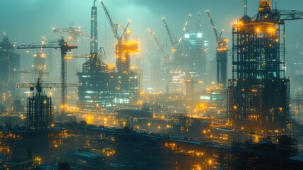 Poster - Workers diligently construct a new smart city amid towering buildings and cranes. Bright lights illuminate the foggy atmosphere, showcasing urban development and innovation at dusk