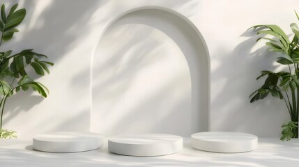 Wall Mural - Minimalist white podiums with tropical plants and arched wall.